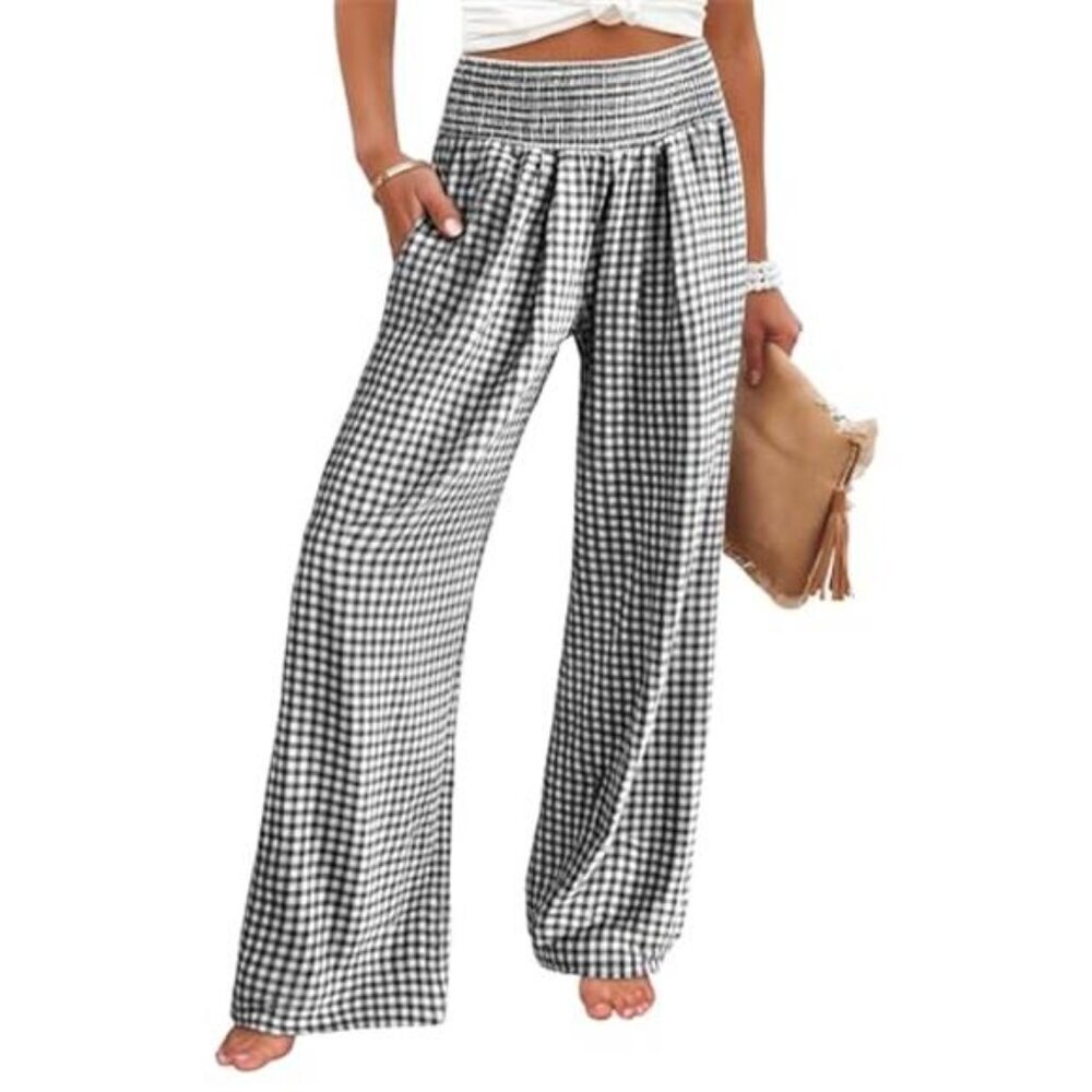 Black Striped Gingham Palazzo Pants High Waisted Wide Leg Lounge Pants
